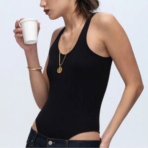 ATM Model Rib Deep-V Bodysuit One Piece in BLACK - Size S